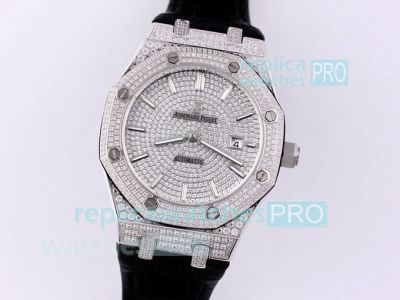 Replica Audemars Piguet Royal Oak Silver Diamond Iced Out Watch Black Leather Strap